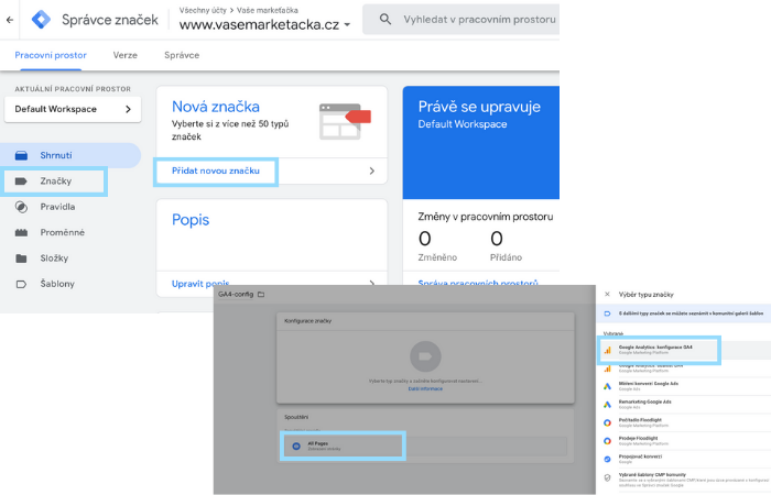 Tag manager - přidání značky GA4 - Vaše markeťačka