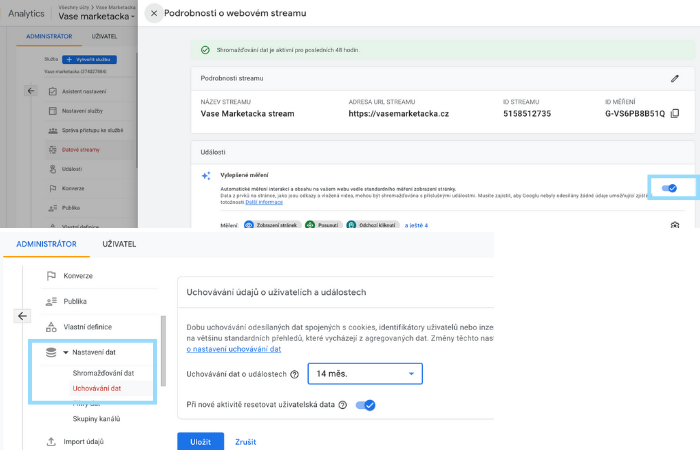 Nastavení dat Google analytics 4 - Vaše markeťačka